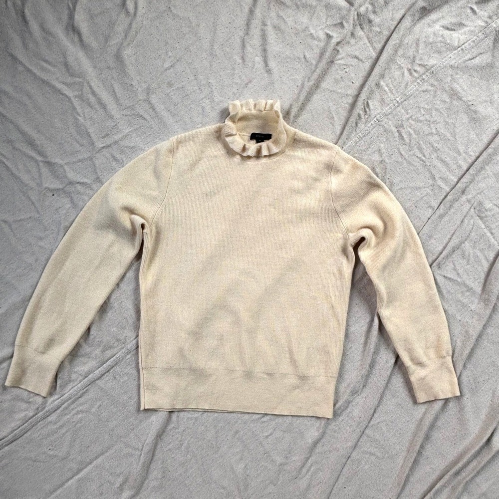 J.Crew Ruffle Neck Merino Wool Blend Sweater Cream Ivory Mock Neck Womens M